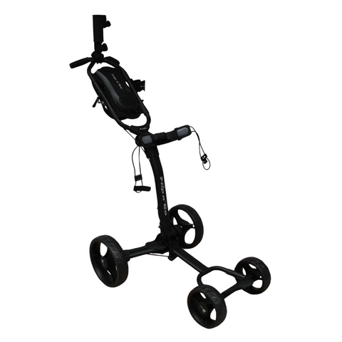 Black Axglo Flip n Go Golf Trundler, side view, extended with visible 'Flip n Go' logo on top panel and accessories on the handle.