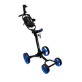 Blue and black Axglo Flip n Go Golf Trundler, extended, with 'Flip n Go' logo visible on top panel, side view.