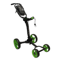 Black and green Axglo Flip n Go Golf Trundler, extended, with visible 'Flip n Go' logo on top panel, side view.