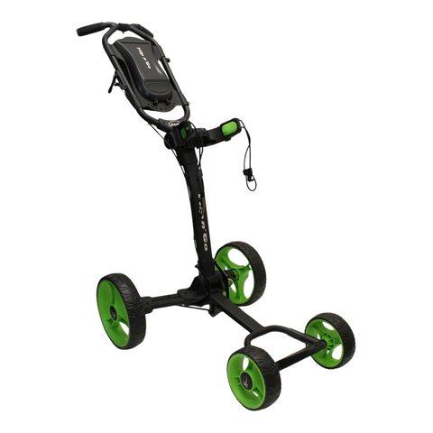 Black and green Axglo Flip n Go Golf Trundler, extended, with visible 'Flip n Go' logo on top panel, side view.