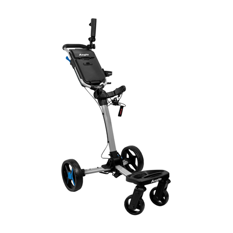 Grey and blue Axglo Flip N Go Pro Golf Trundler, extended, with 'Axglo' logo on top panel. Grey frame with blue accents on wheel spokes and handle.