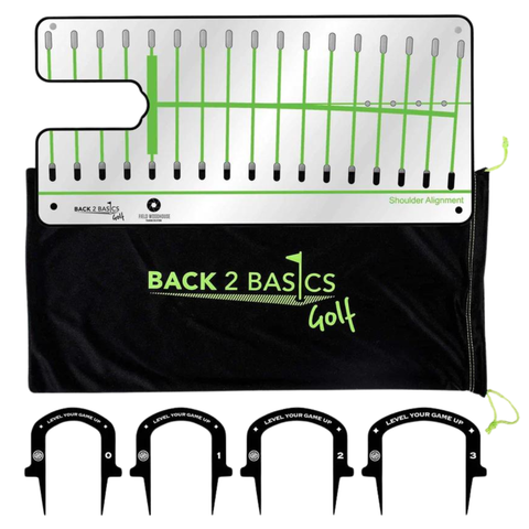 Back 2 Basics Pro Path Putting Mirror with green alignment lines. Includes 4 putting gates and a black carrying case with the Back 2 Basics Golf logo.