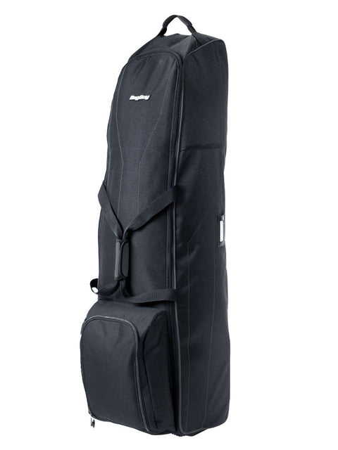 The Bag Boy T-460 Travel Cover in black is a spacious, rectangular soft case with a top handle, adjustable shoulder strap, and front zippered pocket—perfect for safely transporting golf gear or bulky sports equipment.