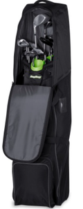 Bag Boy Travel Cover T-660 with the cover unzipped, revealing golf clubs neatly packed inside.