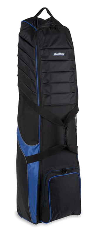 A black Bag Boy T-750 travel cover with reinforced padding for enhanced golf club protection