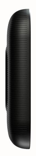 Side view of the Blue Tees Ringer GPS Handheld Rangefinder by Blue Tees, featuring a black, oval design with ribbed texture and a raised center, highlighting its compact build against a plain white background.