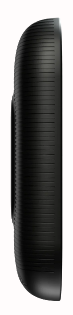 Side view of the Blue Tees Ringer GPS Handheld Rangefinder by Blue Tees, featuring a black, oval design with ribbed texture and a raised center, highlighting its compact build against a plain white background.