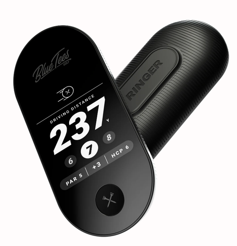 The Blue Tees Ringer GPS Handheld Rangefinder is a compact, portable black device with number and white text displays, ideal for on-the-go use.