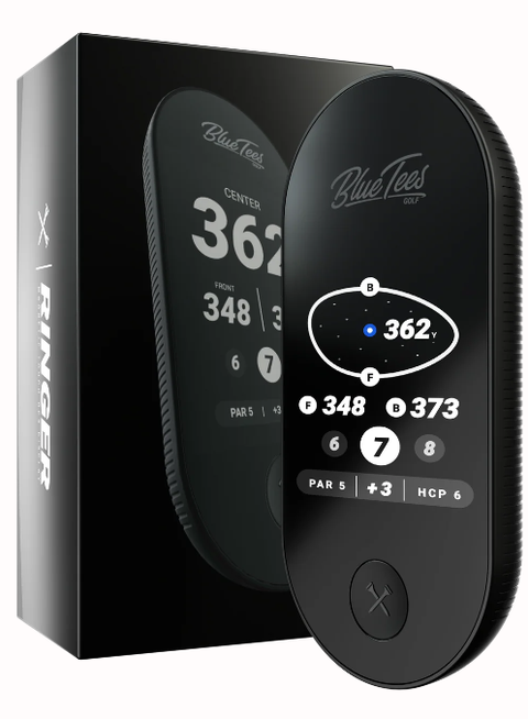 A Blue Tees Ringer GPS Handheld Rangefinder in black displays yardages to the front, center, and back of the green; its compact design and box are visible in the background.