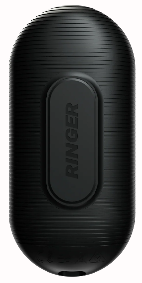 The Blue Tees Ringer GPS Handheld Rangefinder by Blue Tees is a black, oval-shaped device with horizontal grooves, a central rectangular "RINGER" area, and a sleek, compact design ideal for any space.