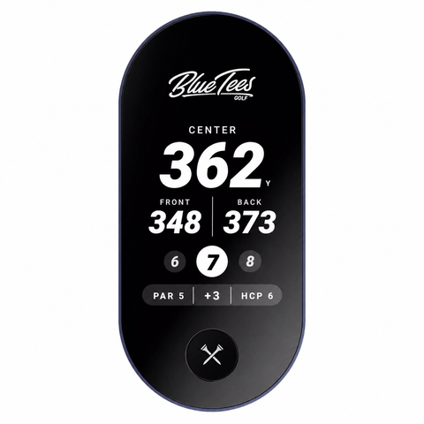 A BlueTees Golf digital scorecard display showing a golf hole's statistics, including a score of 362 and yardages, on a clean white background.