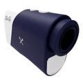 A close-up of the Blue Tees Series 1 Sport Rangefinder by Blue Tees, showcasing its navy and white design, dual top buttons, golf club logo, and advanced slope-adjusted distance technology.