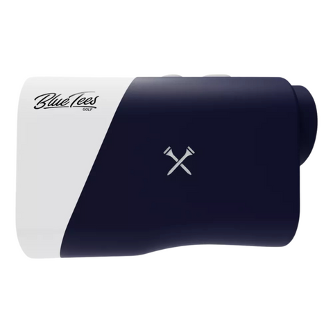 The Blue Tees Series 1 Sport Rangefinder is a compact, rectangular device in navy blue and white, with slope-adjusted distance technology and the Blue Tees logo—featuring two crossed golf tees—on its side.