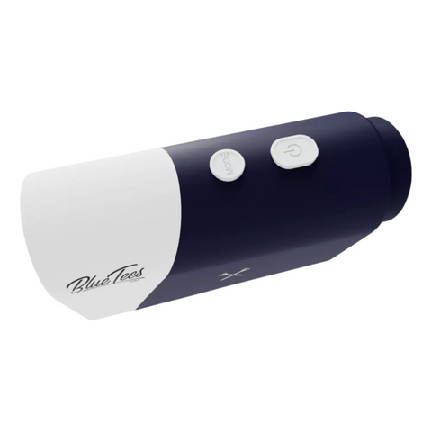The Blue Tees Series 1 Sport Rangefinder is a compact navy blue and white device with MODE and power buttons, featuring slope-adjusted distance for golfers and Blue Tees branding on the side.