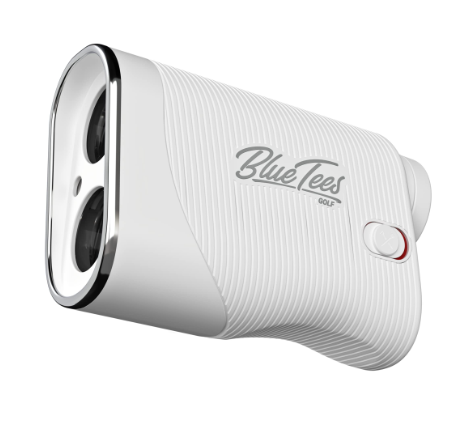 The Blue Tees Series 3 Max E Rangefinder by Blue Tees in white and silver has a textured grip, dual front lenses, a side power button, and runs on a replaceable CR2 battery for lasting use.