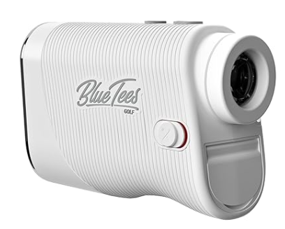 The Blue Tees Series 3 Max E Rangefinder by Blue Tees features a white textured body, a lens on one end, a side button, and comes with a replaceable CR2 battery for convenience.