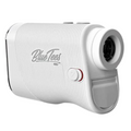 The Blue Tees Series 3 Rangefinder by Blue Tees is a compact, white device with a textured grip, viewfinder lens, and side button, designed to measure golf distances up to an impressive 900 yards.