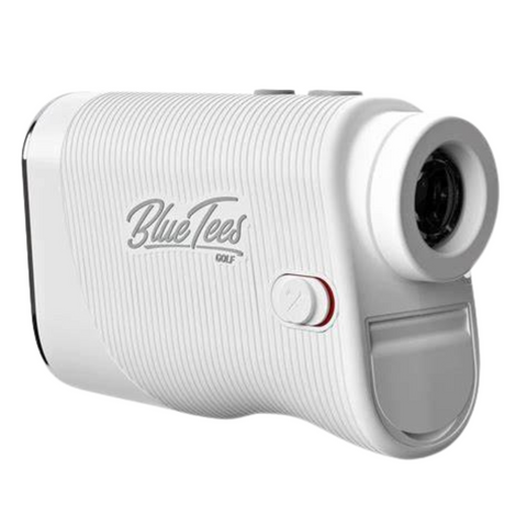The Blue Tees Series 3 Rangefinder by Blue Tees is a compact, white device with a textured grip, viewfinder lens, and side button, designed to measure golf distances up to an impressive 900 yards.