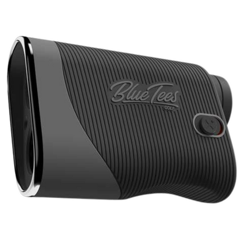 A Blue Tees Series 3 Rangefinder by Blue Tees is shown on a white background, featuring a black body, textured grip, round side button, front lens, and an impressive 900-yard range.