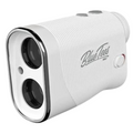 The Blue Tees Series 3 Rangefinder, in white and silver, features dual large lenses, top control buttons, and the Blue Tees logo on the side. It delivers precise measurements with a range of up to 900 yards.
