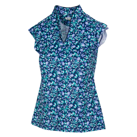 Front view of the Greg Norman Women’s Boca Cap Sleeve Polo with a blue, green, and white floral pattern on a navy background. Features a V-neckline, sleek collar, and cap sleeves, ideal for performance and golf wear