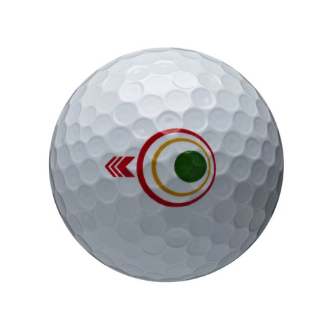The Bridgestone Tour B RX Mindset Golf Ball features red and yellow concentric circles, a central green dot, and a left-pointing red arrow on its dimpled surface for visual focus cues.