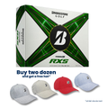 A box of Bridgestone 2024 Tour B RXS Golf Balls above four Bridgestone hats in gray, red, and blue. Text: Buy two dozen, get a free hat*—soft feel on every shot. *While stocks last.