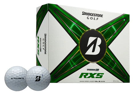 Box of Bridgestone Tour B RXS Mindset Golf Balls with two white balls.