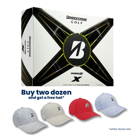 Bridgestone 2024 Tour B X Golf Balls with REACTIV iQ urethane cover and four hats in gray, light gray, red, and light blue. Text: Buy two dozen, get a free hat* *while stocks last.