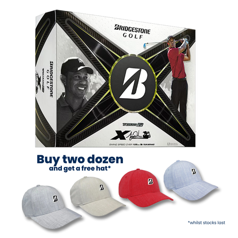 A Bridgestone 2024 Tour B X Tiger Woods Edition Golf Balls pack is shown above four caps in grey, light blue, red, and light grey. Text: Buy two dozen golf balls and get a free hat* *whilst stocks last.