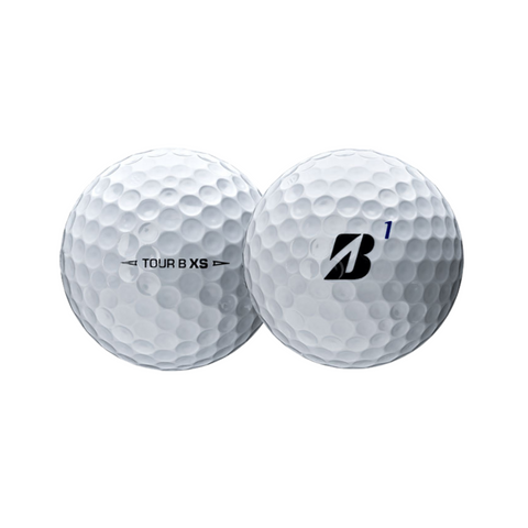 Two white Bridgestone 2024 Tour B XS golf balls, each marked with the TOUR B XS text and number 1, sit side by side on a white background, highlighting their dimpled surfaces and high spin performance.