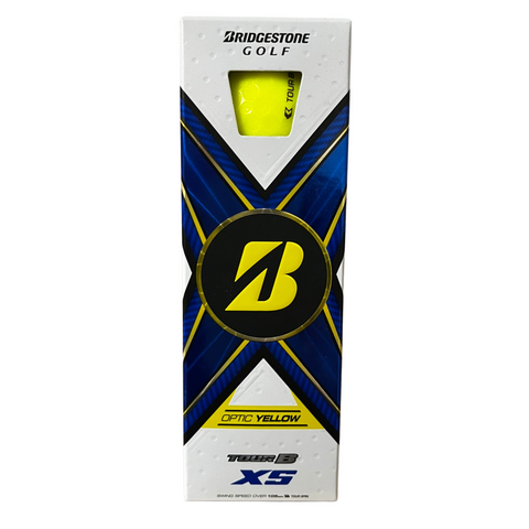 A box of Bridgestone 2024 Tour B XS Golf Balls, featuring a blue, white, and yellow design with a bold yellow B logo. Engineered by Bridgestone for high spin and control on every shot.