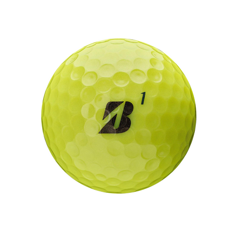 A yellow Bridgestone 2024 Tour B XS golf ball with a black B logo and number 1 is shown on a white background, noted for its high spin performance.