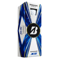 A rectangular box of Bridgestone 2024 Tour B XS Golf Balls features blue and white geometric designs, a bold “B” logo, and a cutout displaying one high-spin ball inside.