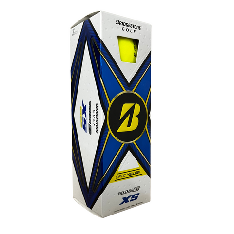 A tall rectangular box of Bridgestone 2024 Tour B XS Golf Balls in optic yellow, showcasing a bold blue and yellow design, the Bridgestone logo, and a window revealing a high spin yellow ball inside.