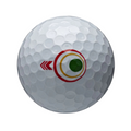 A white Bridgestone Tour B XS MindSet golf ball features a dimpled surface, tour-level spin, a red arrow, and concentric red, yellow, and green circles on one side.