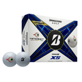 A box of Bridgestone Tour B XS MindSet Golf Balls is displayed with two in front; the blue and gold packaging features the Bridgestone logo, MindSet branding, and emphasizes tour-level spin for serious players.