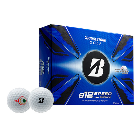 A blue box of Bridgestone 2025 e12 Speed Golf Balls is shown with two white balls in front—one with the Bridgestone logo and one with a red and green circle—designed for straight flight and explosive distance.
