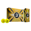 A box and sleeve of Bridgestone 2025 e12 Straight Golf Balls in matte yellow, with two logoed yellow balls in front. These spin-reducing golf balls offer straighter shots and come in bold black and yellow packaging.