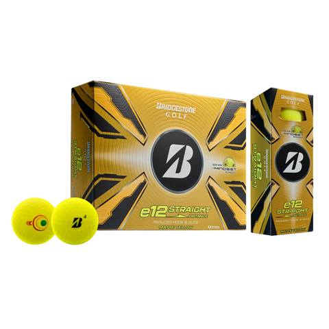 A box and sleeve of Bridgestone 2025 e12 Straight Golf Balls in matte yellow, with two logoed yellow balls in front. These spin-reducing golf balls offer straighter shots and come in bold black and yellow packaging.