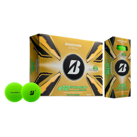 Two bright yellow Bridgestone 2025 e12 Straight Golf Balls with the B logo are displayed beside a gold and black box and sleeve. The bold packaging promotes their spin-reducing design for straighter shots.