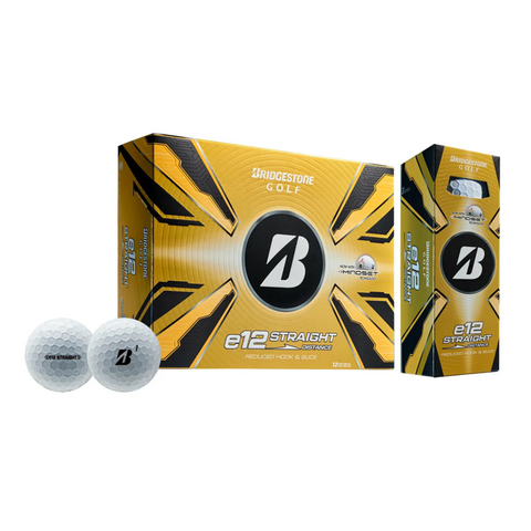 Two white Bridgestone 2025 e12 Straight Golf Balls are placed next to a yellow and black box with the bold “B” logo, showcasing spin-reducing technology for straighter shots and advanced performance.