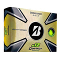 Box of Bridgestone E12 Contact Matte Coloured Golf Balls in green, showcasing the Bridgestone logo and Straight Distance text, with a green ball image on a gold and black background for a soft feel on every shot.