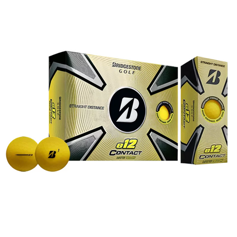 Two yellow Bridgestone E12 Contact Matte Coloured Golf Balls sit beside boxes in black, yellow, and silver packaging with the Bridgestone logo, showcasing their soft feel for optimal performance.