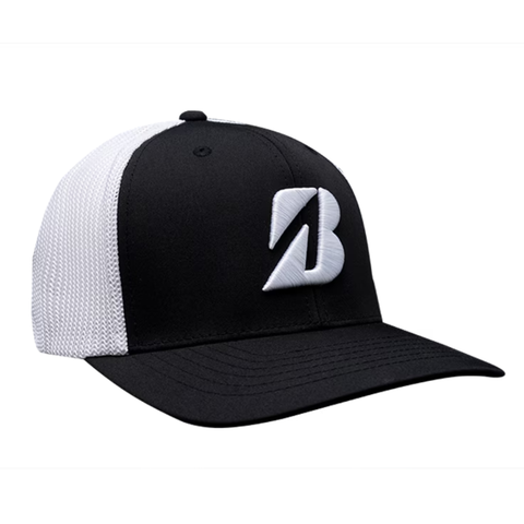 Black Bridgestone Eco Mesh Trucker Cap with white mesh back and raised B logo.