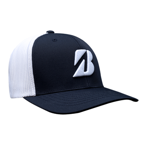 Navy Bridgestone Eco Mesh Trucker Cap with white mesh back and raised B logo.