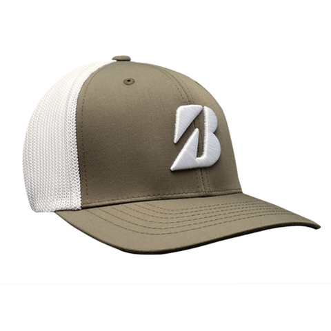 Olive Bridgestone Eco Mesh Trucker Cap with white mesh back and raised B logo.