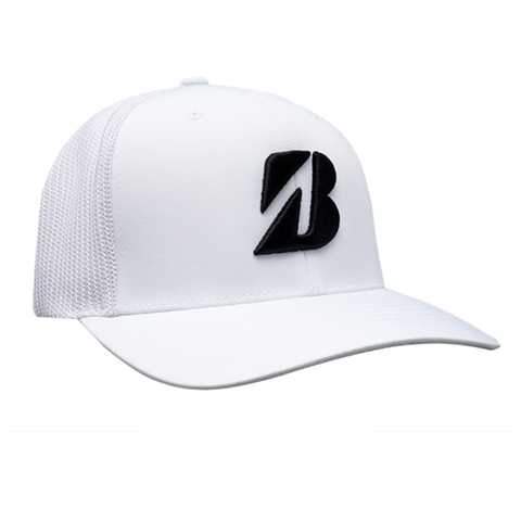 White Bridgestone Eco Mesh Trucker Cap with mesh back and black B logo.