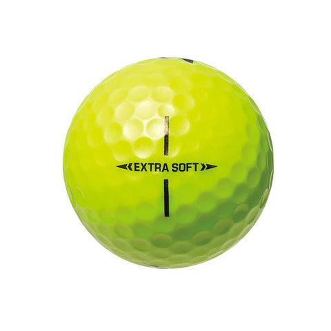 A yellow Bridgestone Extra Soft Golf Ball with dimples, a black alignment line, and “EXTRA SOFT” printed in black—perfect for golfers seeking soft balls that offer straight distance.
