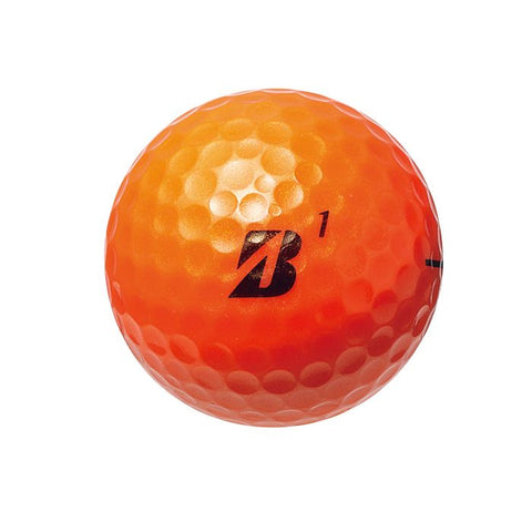 A bright orange Bridgestone Extra Soft Golf Ball with a black B logo and number 1, designed for straight distance, is shown on a white background.